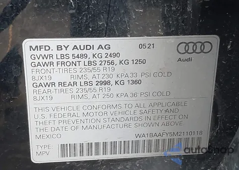 2021 Audi Q5 Premium Plus 45 Tfsi Quattro S Tronic z USA, uszkodzony, nr VIN WA1BAAFY5M2110118